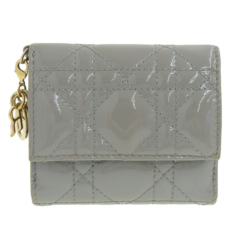 ディオール CHRISTIAN DIOR 三つ折り財布 ロータスウォレット カナージュ パテントレザー グレー S01810VRB 中古 OBB0567