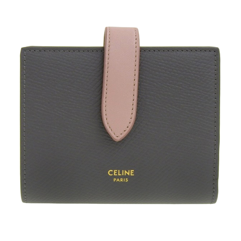 セリーヌ CELINE ストラップウォレット 二つ折り財布 レザー グレー/ピンク 中古 OBB0569