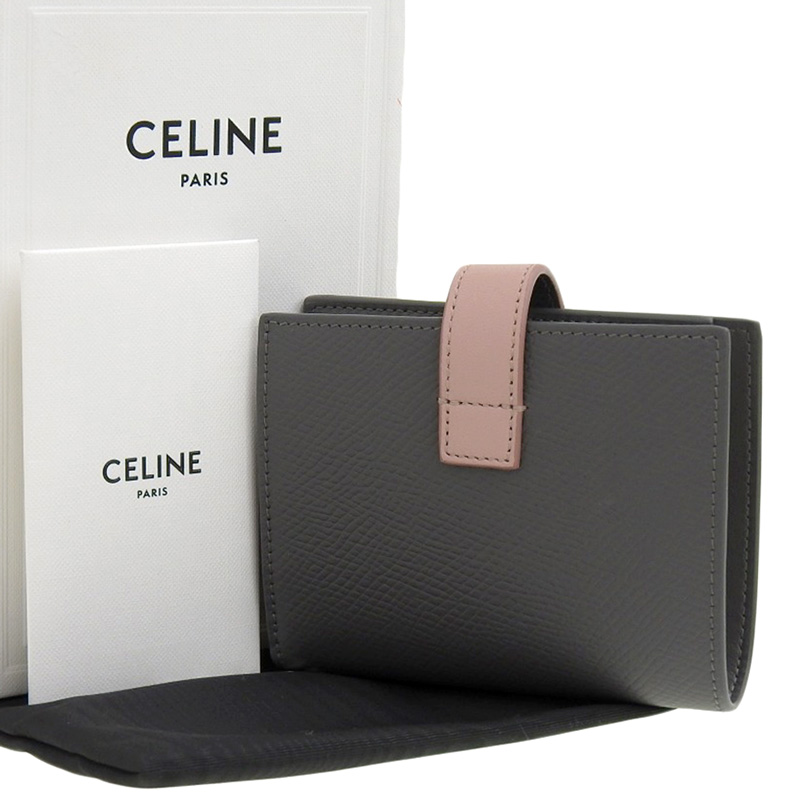 http://セリーヌ%20CELINE%20ストラップウォレット%20二つ折り財布%20レザー%20グレー/ピンク%20中古%20OBB0569