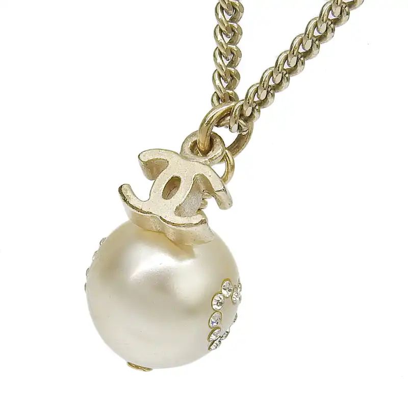 シャネル CHANEL ココマーク ネックレス フェイクパール ラインストーン ゴールド色 08P 中古 CH0978
