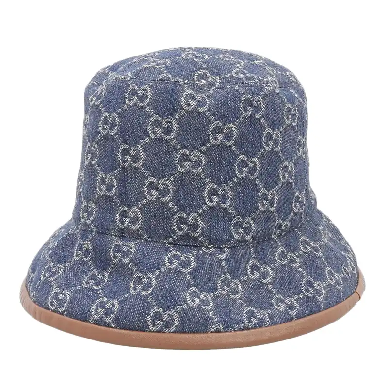 http://グッチ%20GUCCI%20バゲットハット%20帽子%20GGデニム%20レザー%20ネイビー/ブラウン%20#S%20576371%20美品%20GU0607