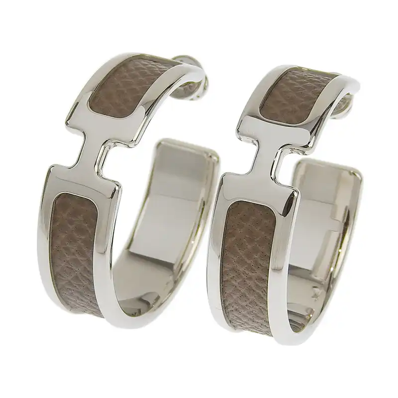 エルメス HERMES オランプ ピアス フープピアス レザー/メタル エトゥープ 中古 HE1004