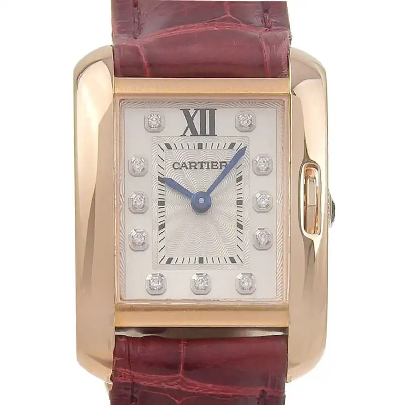 カルティエ CARTIER タンクアングレーズSM レディース クォーツ シルバー文字盤 11Pダイヤモンド PG/革 WJTA0007 中古 CA0471