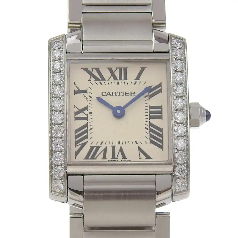 カルティエ CARTIER タンクフランセーズSM レディース クォーツ 腕時計 ダイヤベゼル SS ホワイト文字盤 W4TA0008 中古 CA0472
