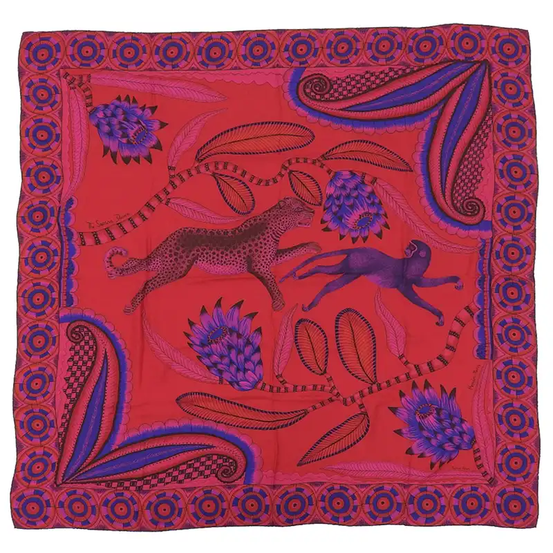 エルメス HERMES カレ140 The Savana dance 「サバンナのダンス」 スカーフ シルク レッド系 中古 HE1008