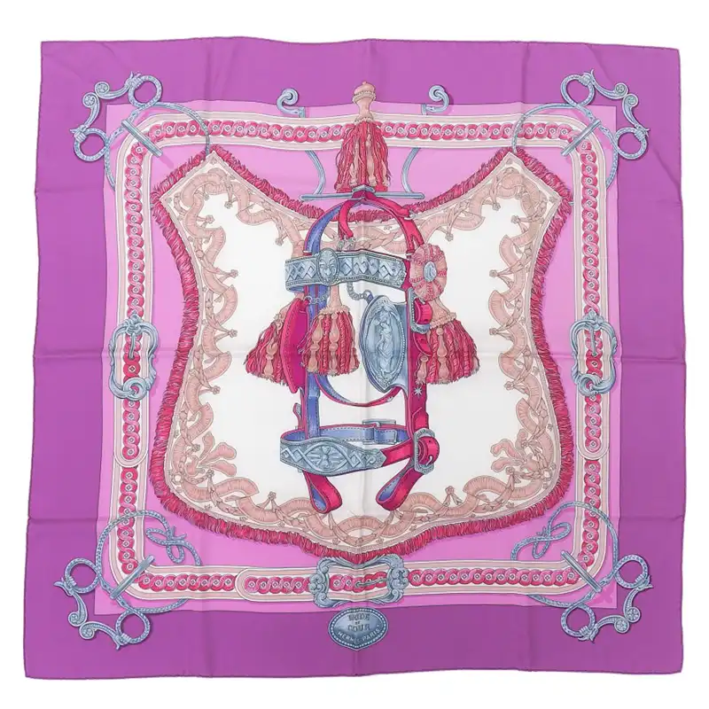 エルメス HERMES カレ90 BRIDEDE COUR 「法廷の勒」 スカーフ シルク パープル 美品 HE1106