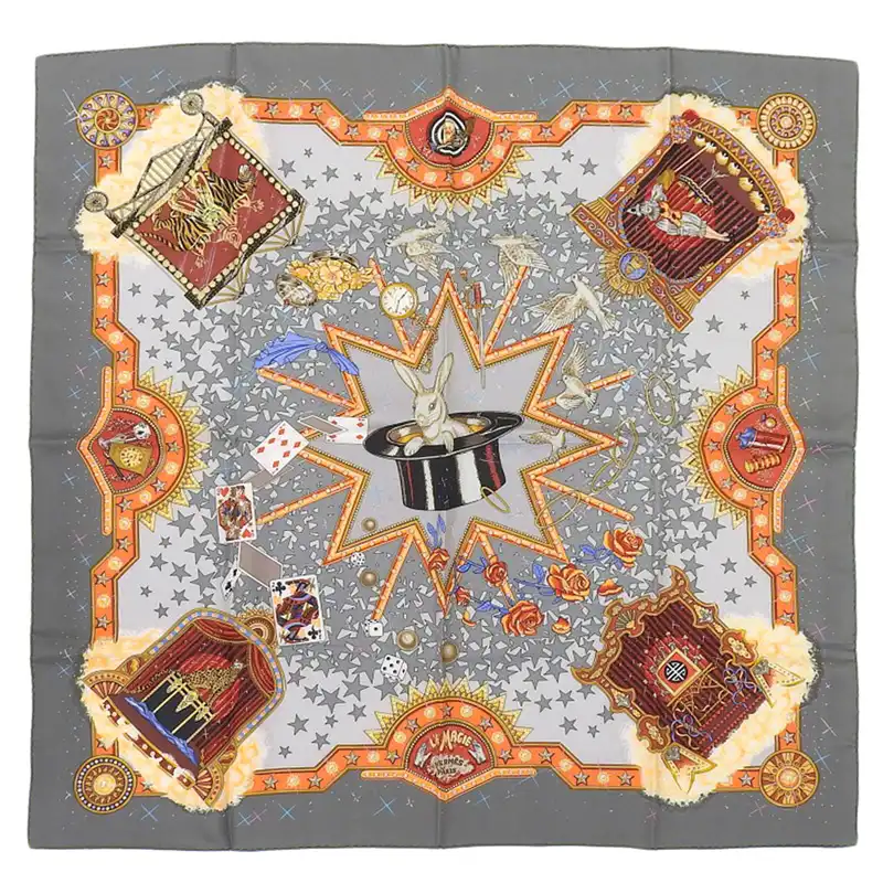 エルメス HERMES カレ90 LA MAGIE 「マジック」 スカーフ シルク グレー 中古 HE1107