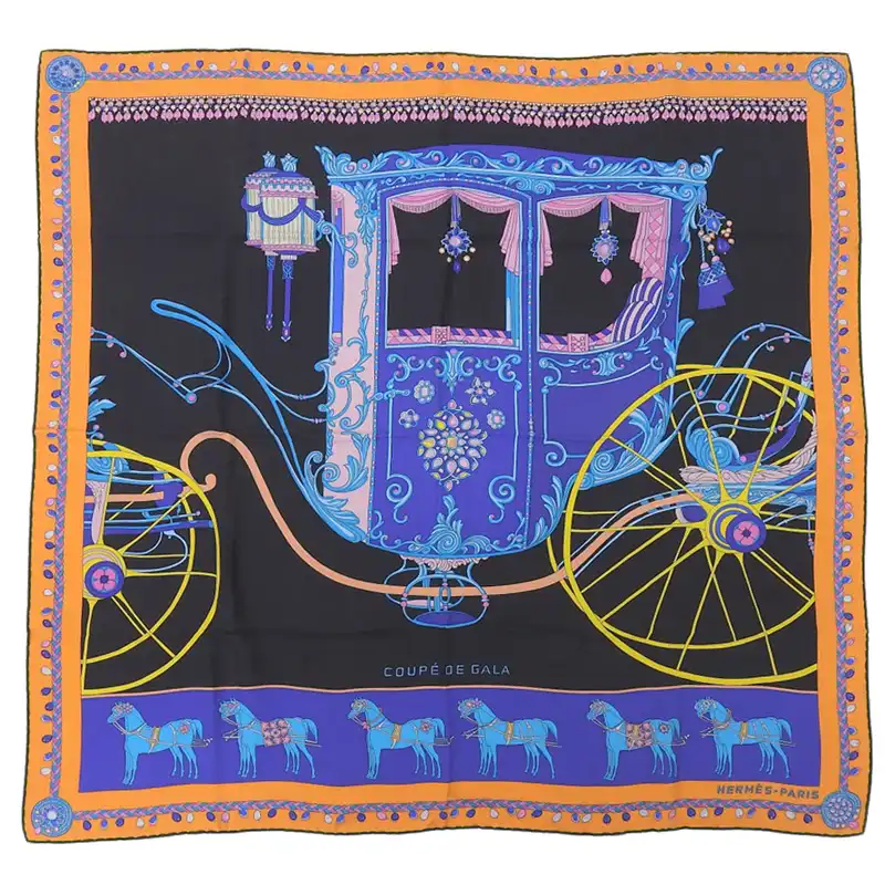 エルメス HERMES カレ90 COUPE DE GALA 「クーペドゥガラ」 スカーフ シルク ブラック/ブルー/オレンジ 美品 HE1108