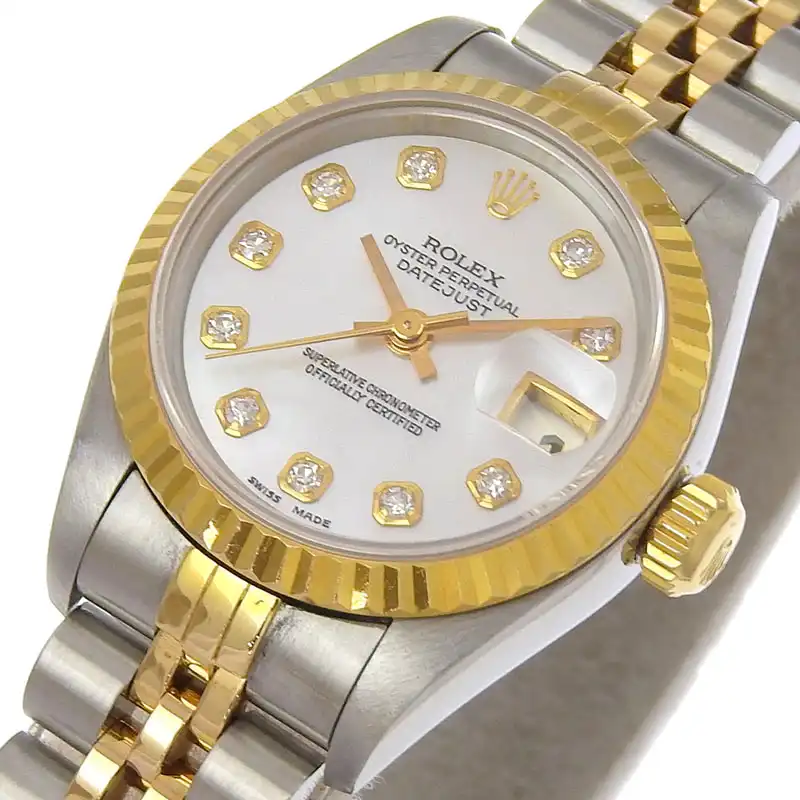 http://ロレックス%20ROLEX%20デイトジャスト%20レディース%20自動巻き%20腕時計%20SS/YG%2010Pダイヤ%20シェル文字盤%20U番%201997年%2069173NG%20中古%20RO0289