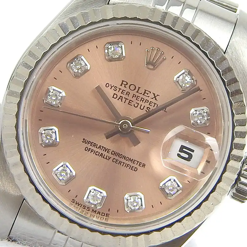 http://ロレックス%20ROLEX%20デイトジャスト%20レディース%20自動巻き%20腕時計%20SS/K18WG%2010Pダイヤ%20ピンク文字盤%20U番%201997年%2069174G%20中古%20RO0290