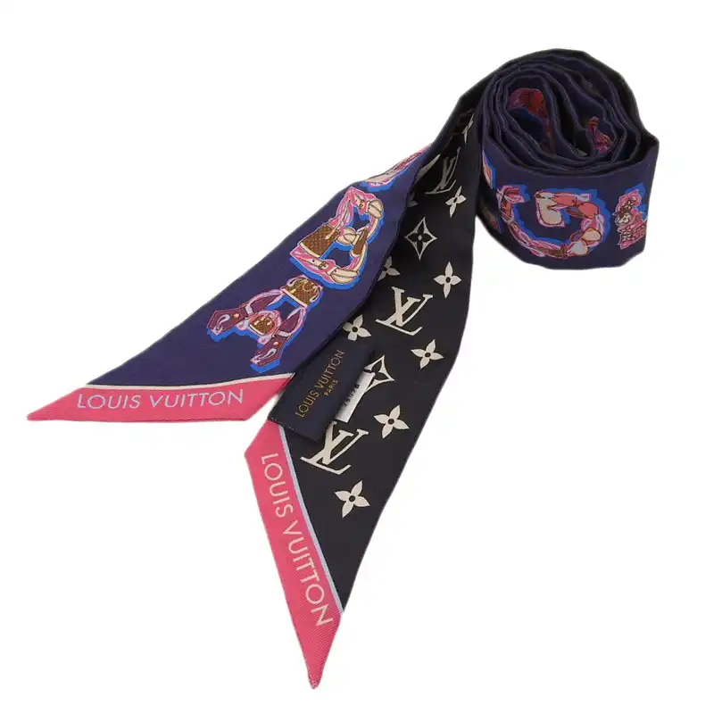ルイヴィトン LOUIS VUITTON バンドーBB LV&ME スカーフ ツイリー シルク ブラック/ネイビー/ピンク M76445 中古 LV1675