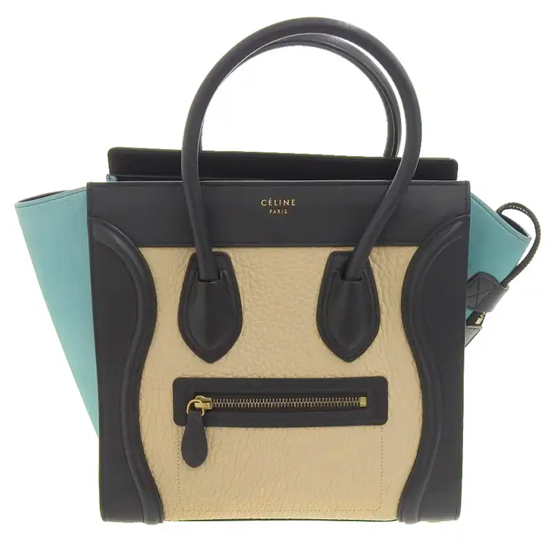 http://セリーヌ%20CELINE%20ラゲージ%20マイクロショッパー%20ハンドバッグ%20レザー%20ベージュ/ブラック/ブルー%20中古%20OB2253