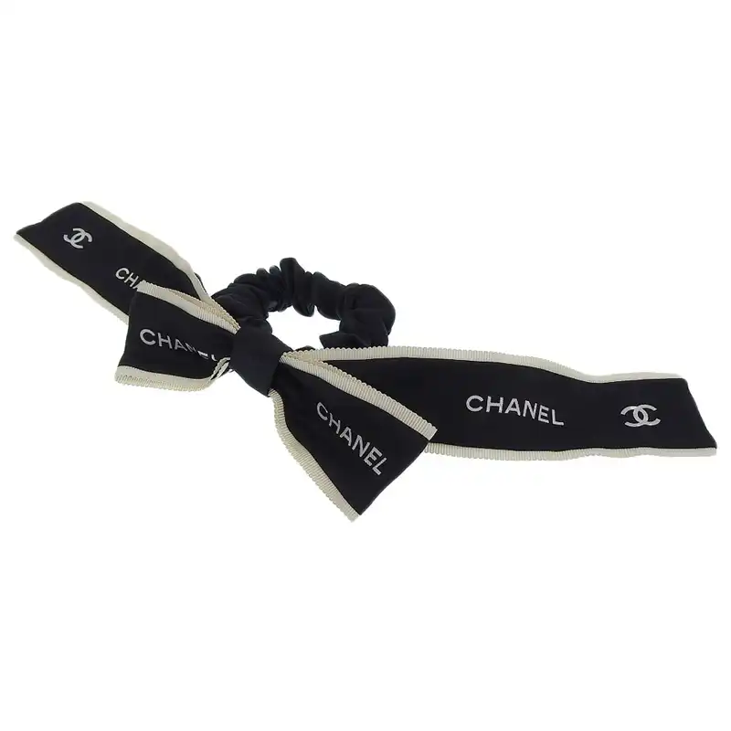 シャネル CHANEL ヘアアクセサリー ヘアゴム シュシュ リボン シルク ブラック ホワイト 中古 CH0993