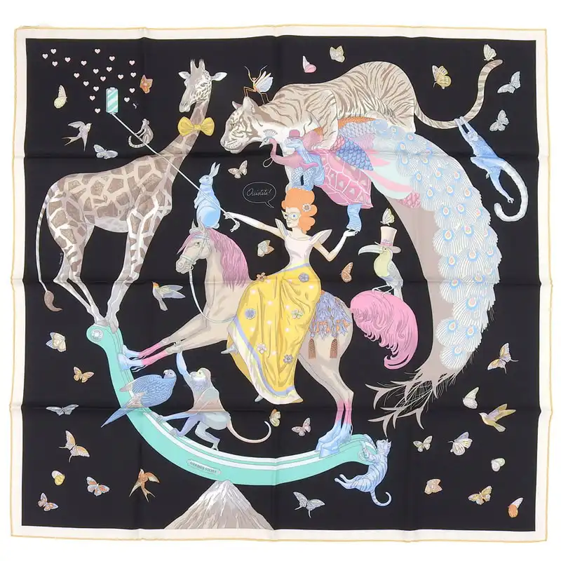 エルメス HERMES カレ90 HERMES STORY スカーフ シルク ブラック系 美品 HE1019