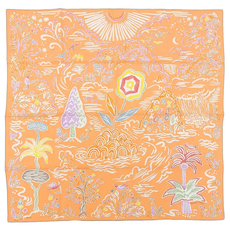 エルメス HERMES カレ90 ISOLA DI PRIMAVERA 「春の島」 スカーフ シルク オレンジ系 美品 HE1020
