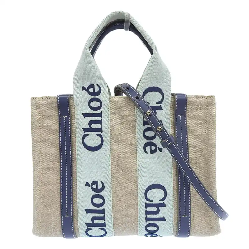 クロエ CHLOE ウッディ スモール 2WAY トートバッグ ショルダーバッグ キャンバス/レザー ベージュ/ブルー CHC22AS397 中古 OB2286