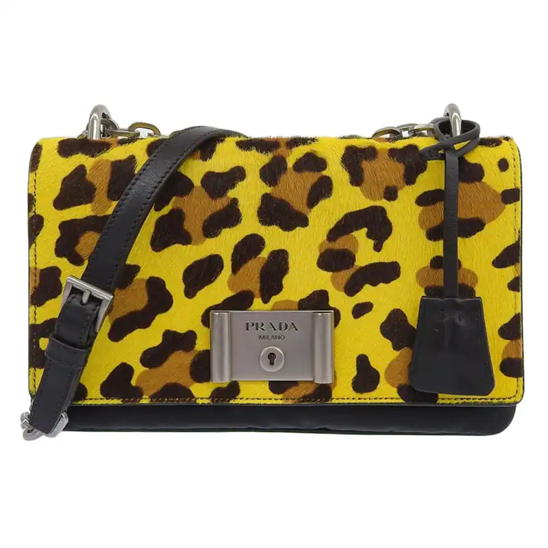 プラダ PRADA ショルダーバッグ チェーンショルダー ナイロン/ハラコ/レザー ブラック/イエロー 1BD009 中古 OB2291