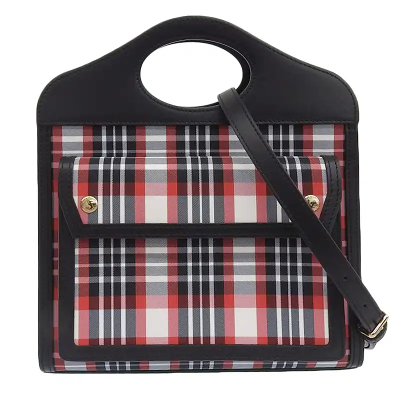 バーバリー BURBERRY 2WAYバッグ ハンドバッグ ショルダー ポケットバッグ ナイロン/レザー ブラック/レッド 8035841 中古 OB2293
