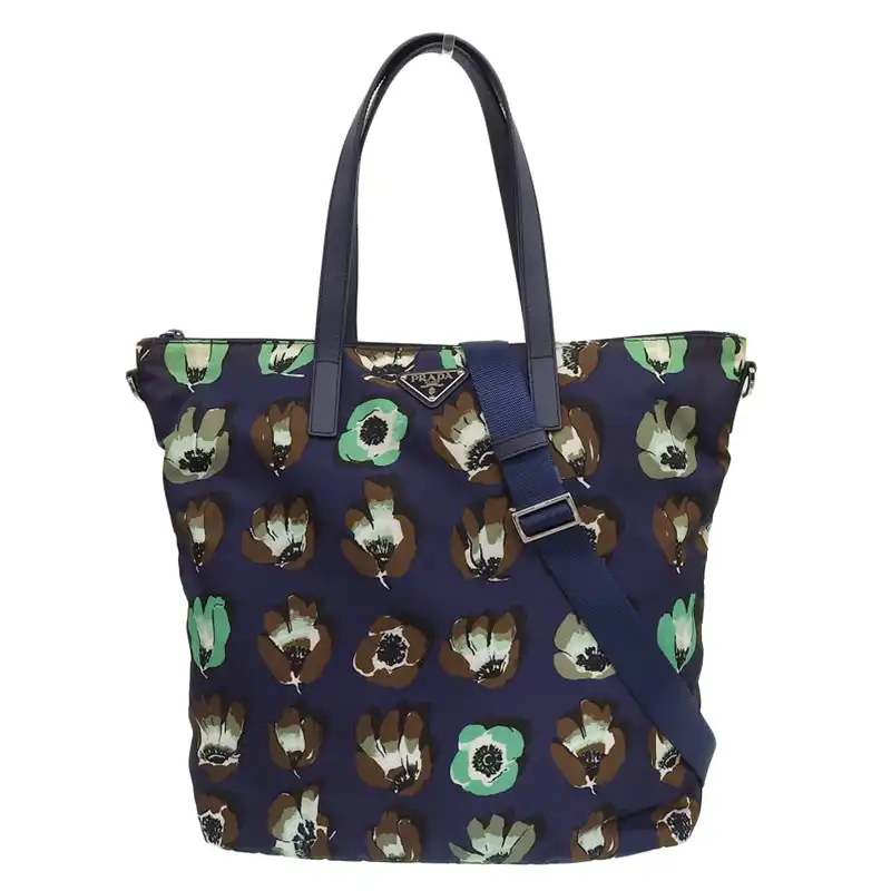 プラダ PRADA 2WAYバッグ トートバッグ ショルダーバッグ ナイロン PVC ネイビー 花 フラワー柄 中古 OB2296