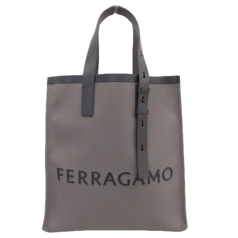 フェラガモ FERRAGAMO トートバッグ キャンバス/レザー グレー/ブラック 24 1297 中古 OB2298