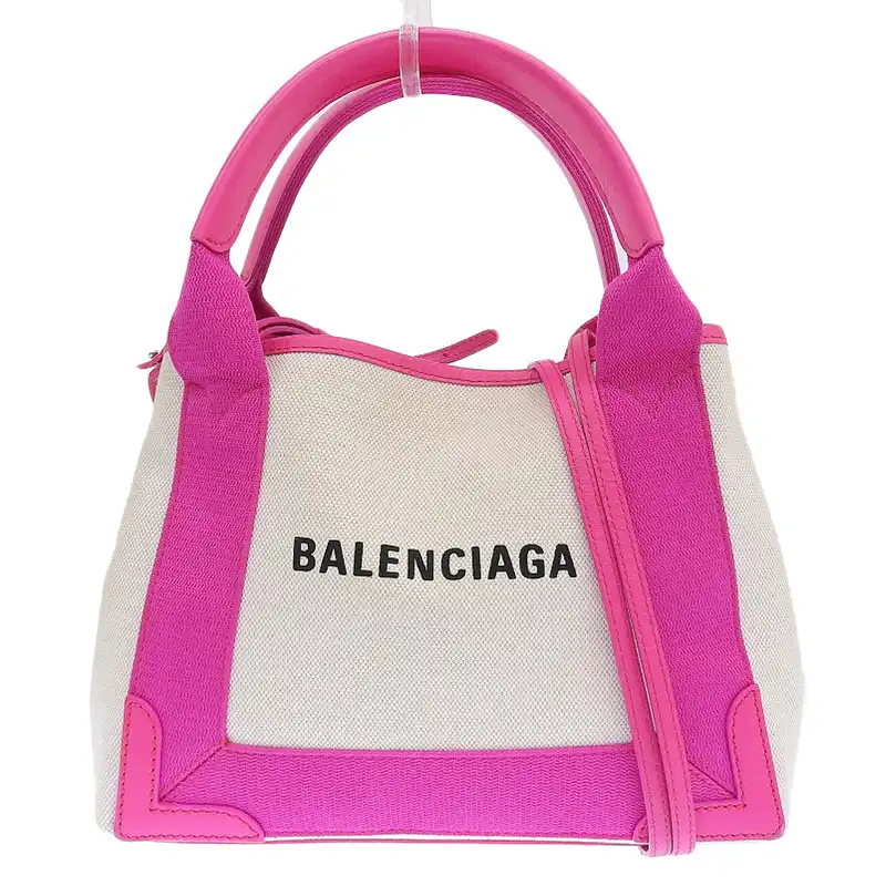 バレンシアガ BALENCIAGA ネイビーカバスXS 2WAY ハンドバッグ ショルダー キャンバス レザー ホワイト ピンク 390346 中古 OB2307