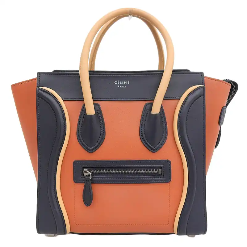 http://セリーヌ%20CELINE%20ラゲージ%20マイクロショッパー%20ハンドバッグ%20レザー%20オレンジ/ネイビー/ベージュ%20中古%20OB2309
