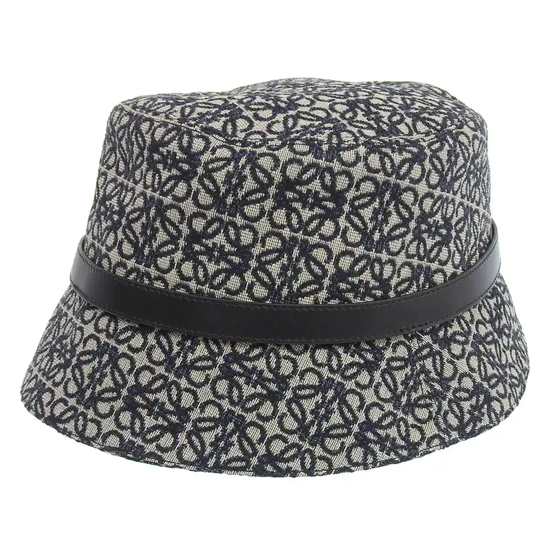 ロエベ LOEWE アナグラム バケットハット 帽子 ジャカード レザー ネイビー/ブラック #57 K820HB1X07 美品 OBB0589