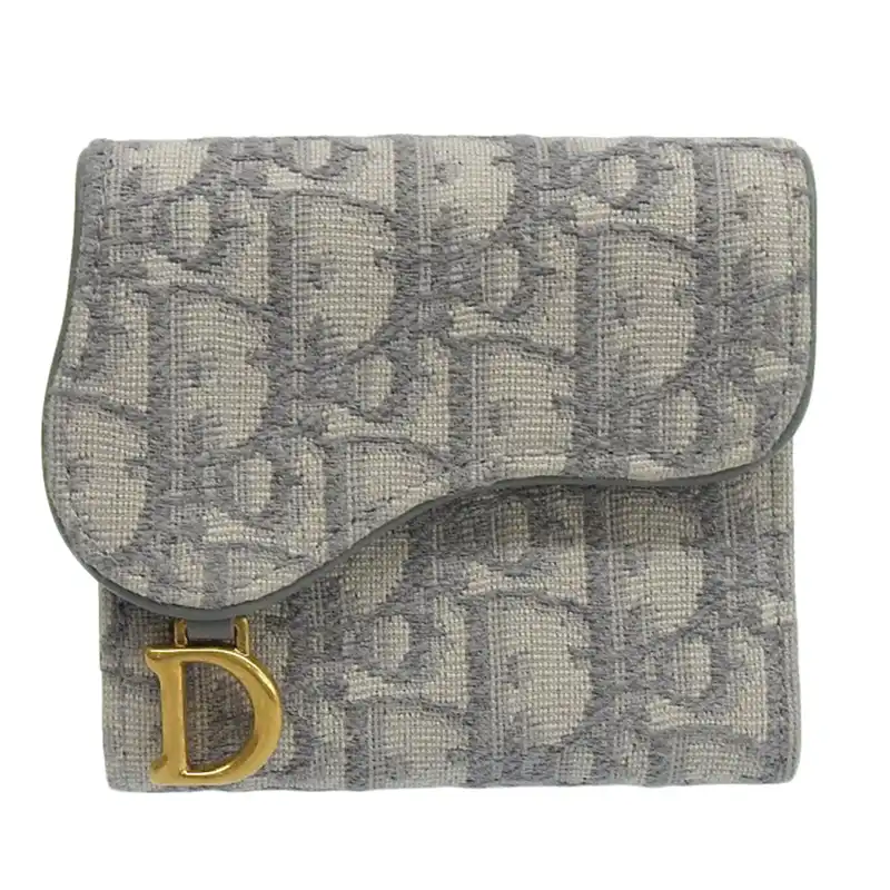 ディオール CHRISTIAN DIOR コンパクトウォレット 三つ折り財布 キャンバス レザー グレー 中古 OBB0595