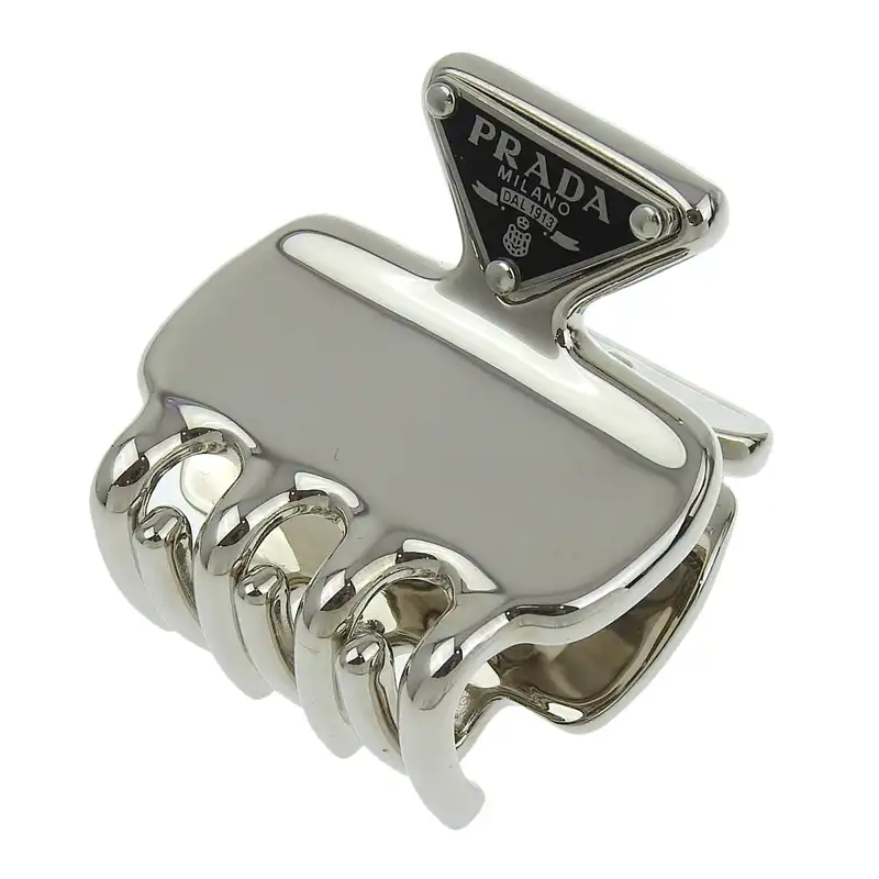プラダ PRADA トライアングルロゴ ヘアクリップ ヘアアクセサリー メタル スティールグレー 1IF087 美品 OBJ0495