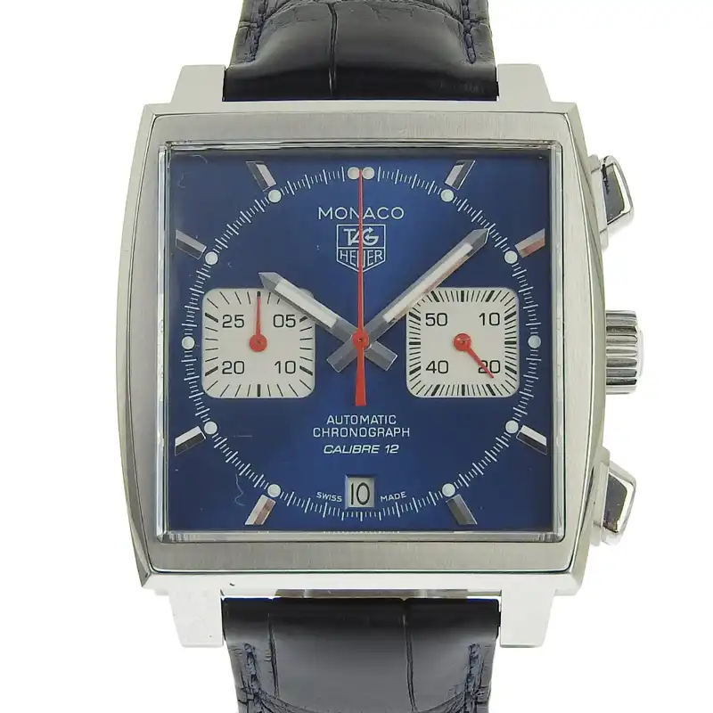 タグ・ホイヤー モナコ キャリバー12 メンズ 自動巻き 腕時計 SS/革 クロノグラフ ブルー文字盤 CAW2111.FC6183 中古 OW0449