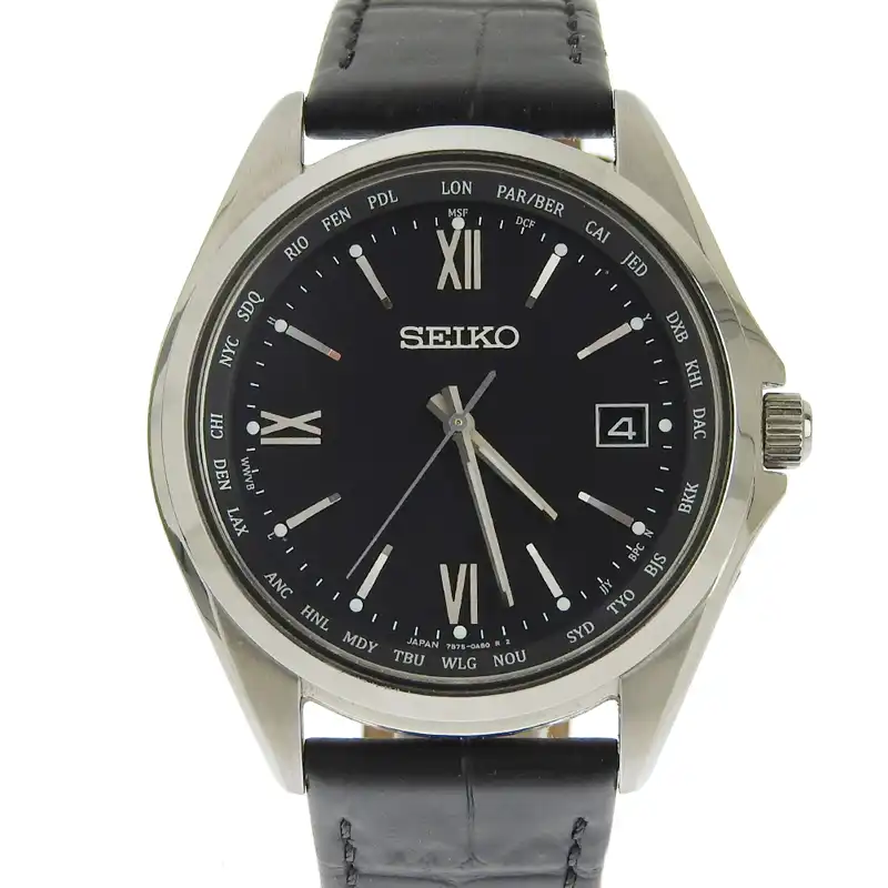 セイコー SEIKO ワールドタイム メンズ ソーラー電波 腕時計 チタニウム/革 ブラック文字盤 SBTM297 中古 OW0451