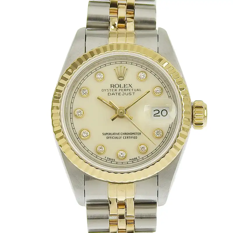 ロレックス デイトジャスト レディース 自動巻き 腕時計 SS/YG 10Pダイヤ アイボリー文字盤 E番 1990〜1991年 69173G 中古 RO0288