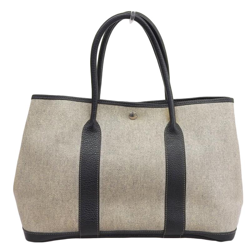 http://エルメス%20HERMES%20ガーデンパーティPM%20トートバッグ%20トワル/レザー%20グレー/ブラック%20□F刻印%202002年%20中古%20HE1016