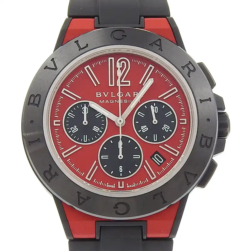 ブルガリ BVLGARI ディアゴノ マグネシウム クロノグラフ メンズ 自動巻き 腕時計 ラバー レッド文字盤 DG42C9S 中古 BV0157