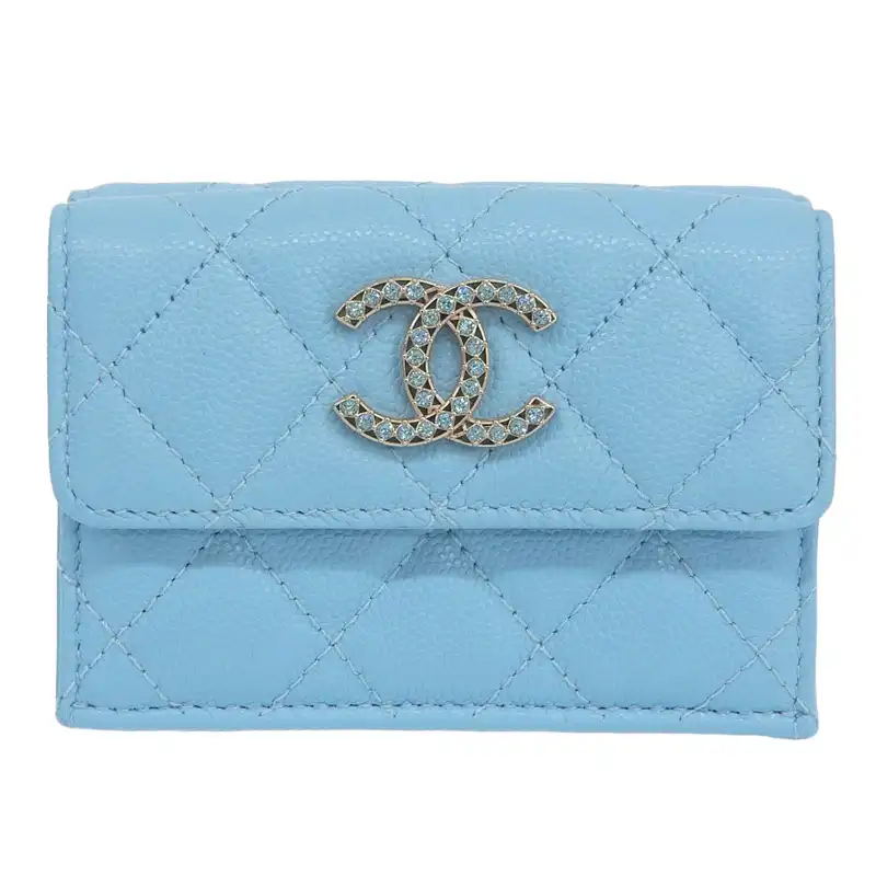 シャネル CHANEL ココマーク スモールフラップウォレット キャビアスキン ラインストーン ライトブルー AP3397 美品 CH1002