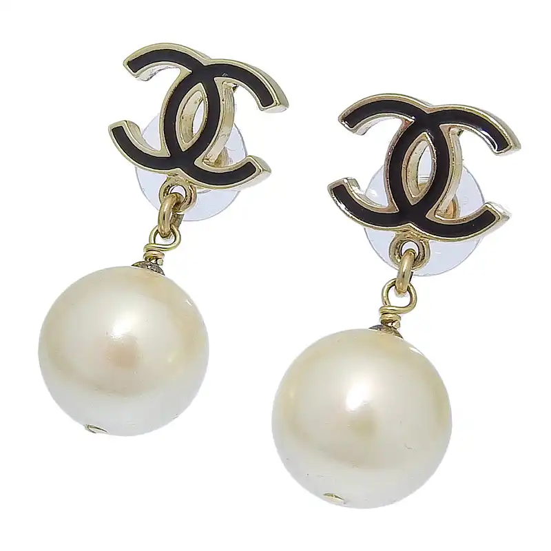 シャネル CHANEL ココマーク ピアス フェイクパール ブラック ゴールド色 06A 中古 CH1005