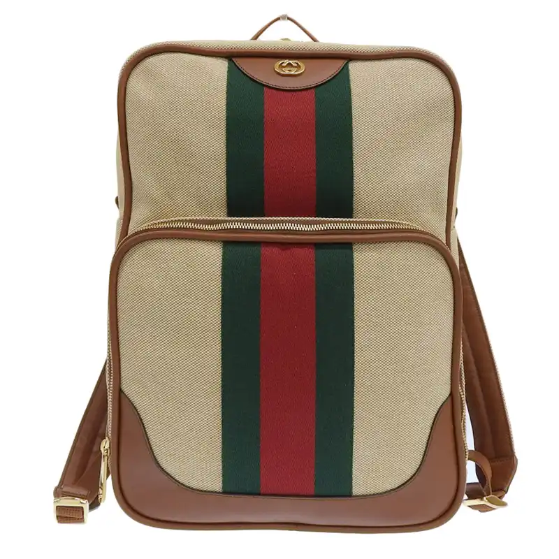 グッチ GUCCI シェリー バックパック リュックサック キャンバス レザー ベージュ ブラウン 575063 中古 GU0632