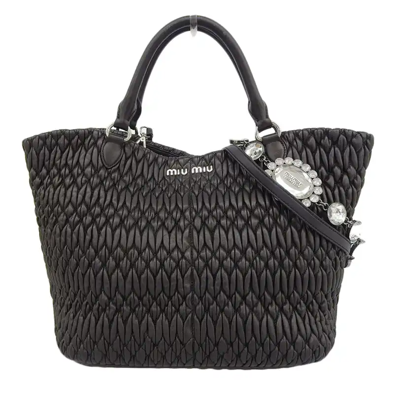 ミュウミュウ MIUMIU ナッパクリスタル マテラッセ 2WAYバッグ ハンドバッグ ショルダーバッグ レザー ブラック RN0896 中古 OB2319