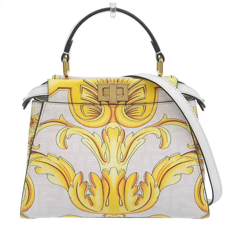 フェンディ FENDI ミニピーカブー フェンダーチェ 2WAY ハンド ショルダーバッグ レザー 白 ヴェルサーチコラボ 8BN244 中古 OB2327