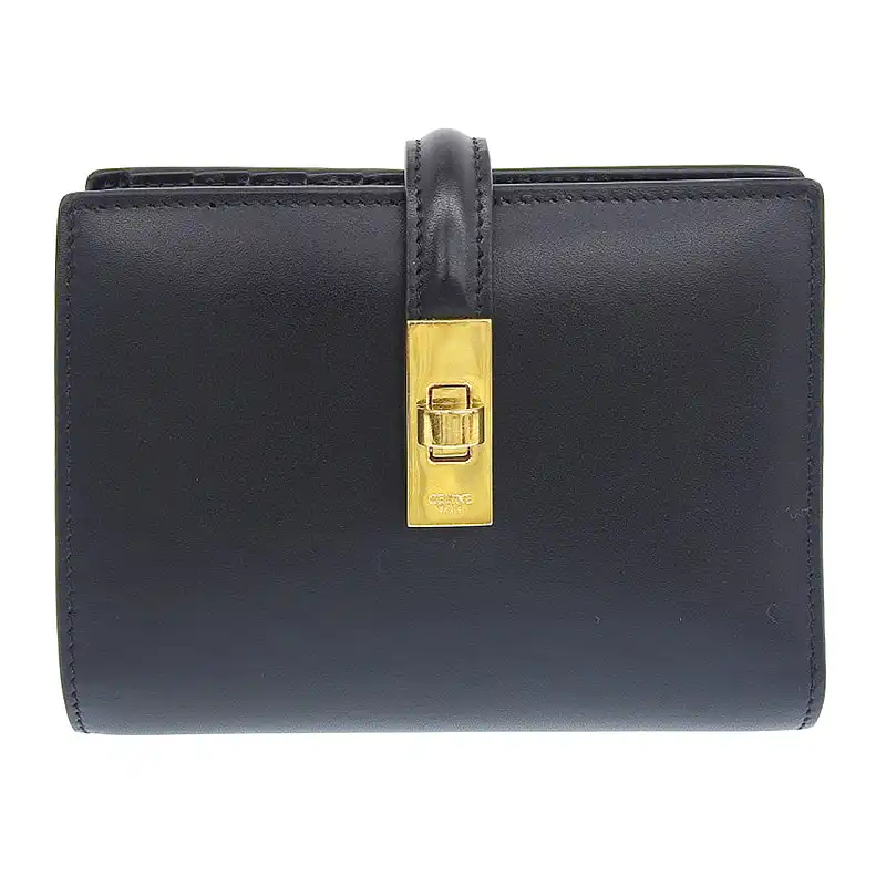 セリーヌ CELINE 16セーズ トリフォールド 二つ折り財布 コンパクトウォレット レザー ブラック 中古 OBB0603