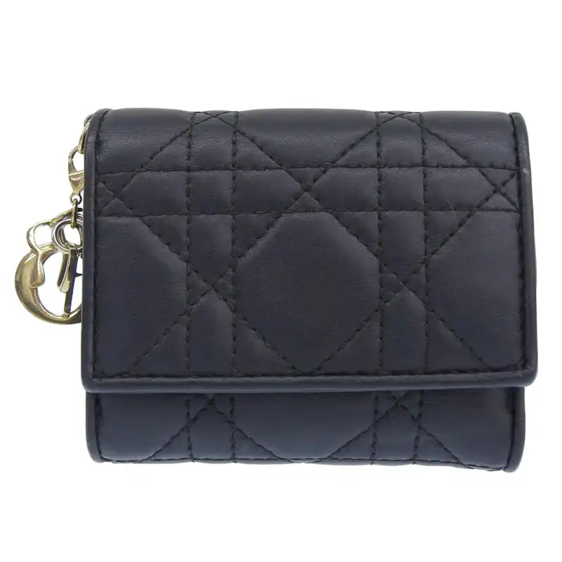 ディオール CHRISTIAN DIOR レディディオール ロータスウォレット 三つ折り財布 カナージュ レザー ブラック 中古 OBB0612