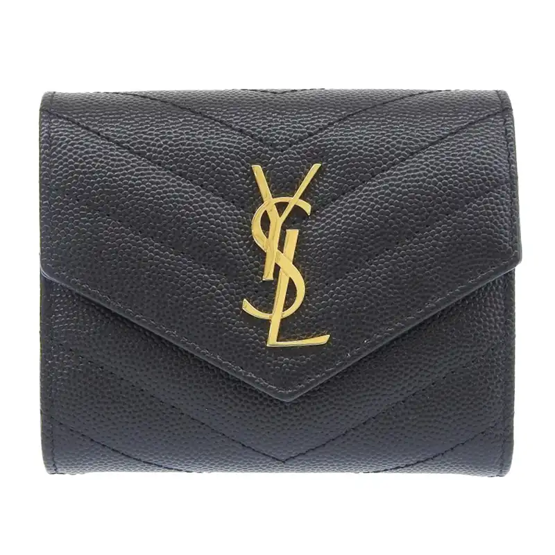 サンローラン SAINT LAURENT Vステッチ コンパクトウォレット 三つ折り財布 レザー ブラック GNC692061 中古 OBB0613