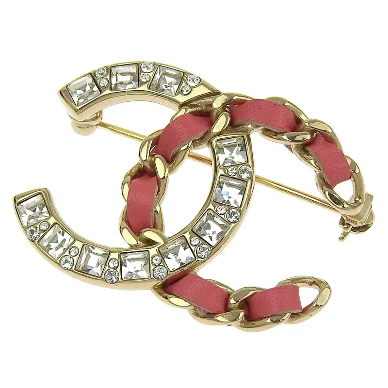 シャネル CHANEL ブローチ ココマーク ラインストーン GP/レザー ピンク ゴールド色 B18K 中古 CH1022
