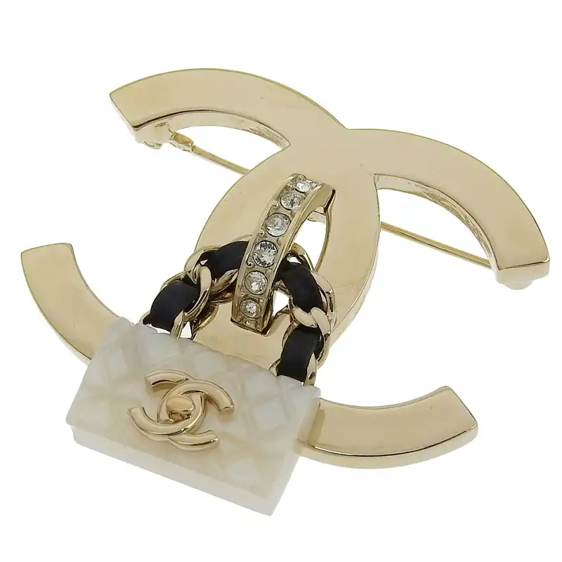 シャネル CHANEL バッグモチーフ ブローチ ココマーク 鞄 ラインストーン GP/レザー ゴールド色 B23C 中古 CH1023