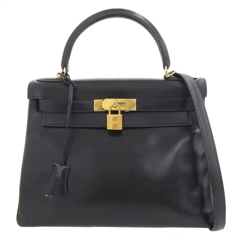 エルメス HERMES ケリー28 2WAYバッグ ハンドバッグ ショルダーバッグ ボックスカーフ ブラック 〇Q刻印 1987年 中古 HE1069