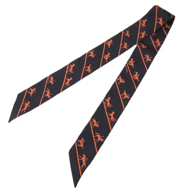 エルメス HERMES 「LES ALLURES」 ツイリー スカーフ シルク ブラック オレンジ 中古 HE1082