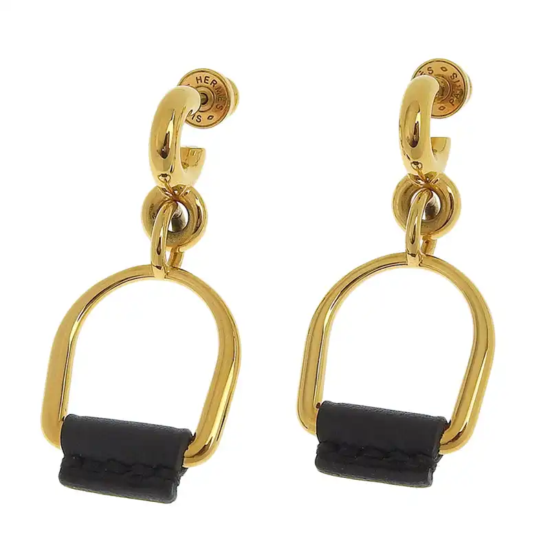 エルメス HERMES ピアス エリタージュ・エスケトル エトリエPM GP/レザー ゴールド色 ブラック 美品 HE1097