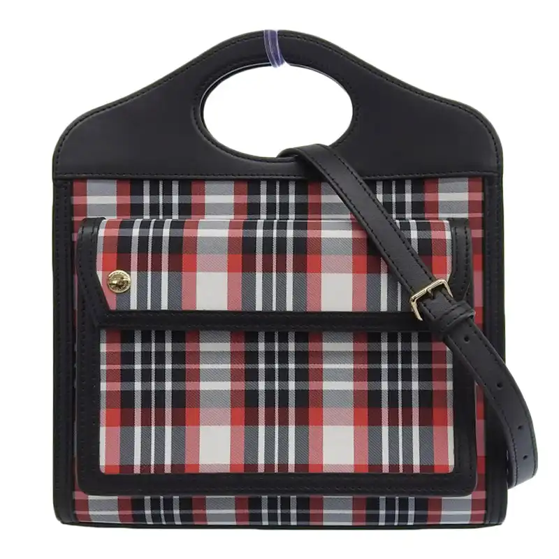 バーバリー BURBERRY ポケットバッグ 2WAY ハンドバッグ ショルダーバッグ ナイロン レザー ブラック レッド 8035841 中古 OB2375