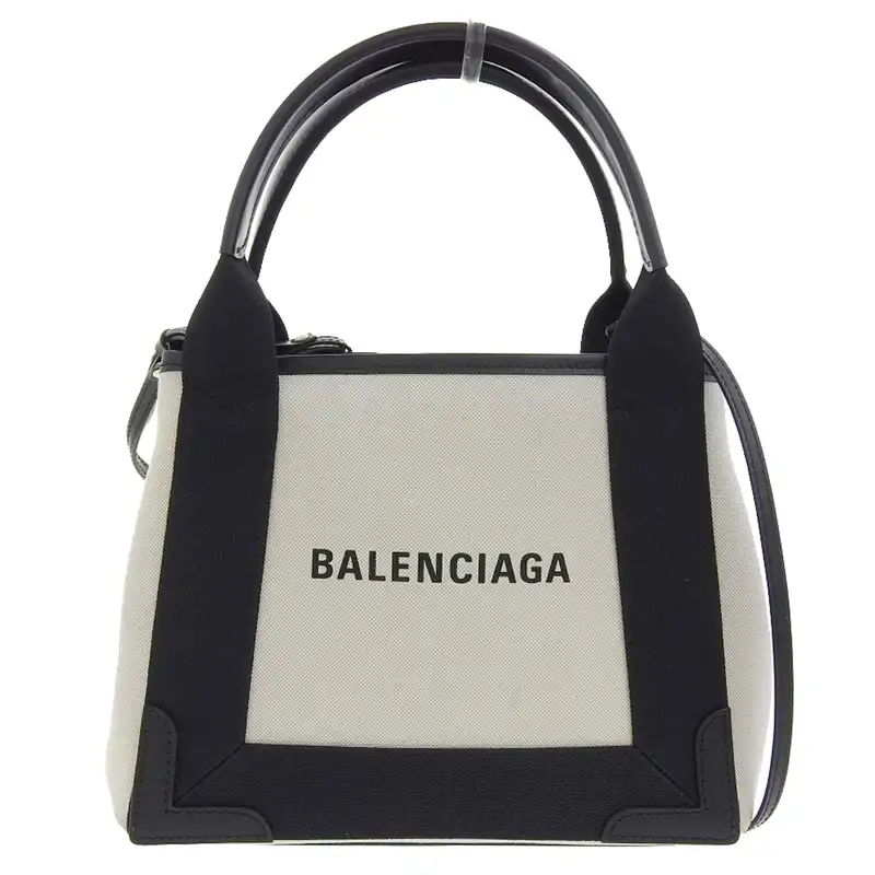 バレンシアガ BALENCIAGA ネイビーカバスXS 2WAYバッグ ハンドバッグ キャンバス/レザー ホワイト/ブラック 390346 中古 OB2392