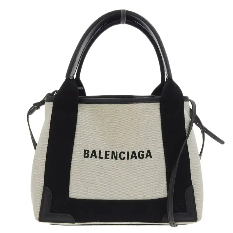 バレンシアガ BALENCIAGA ネイビーカバスXS 2WAYバッグ ハンドバッグ キャンバス/レザー ホワイト/ブラック 390346 中古 OB2394